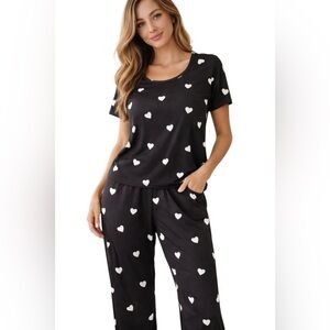 Black White Heart Print Coquette Pajama Set Soft Girl Lounge Pants Size Medium